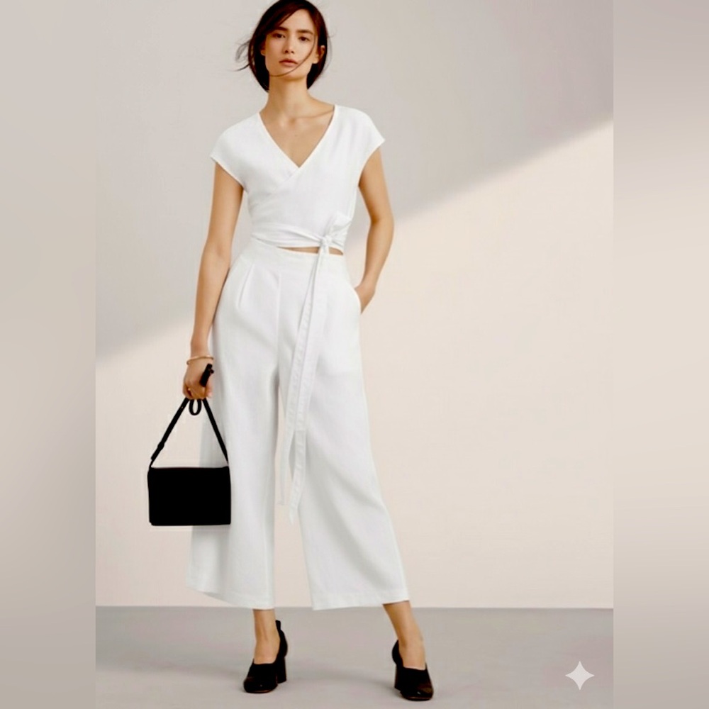 Wilfred Aritzia Brax Linen Blend V-neck Short Sleeve Jumpsuit in White